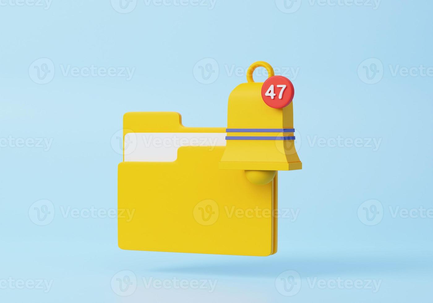 3D folder and documents with notification ring sign on blue background, documents icon, yellow and yellow colors. 3d rendering photo