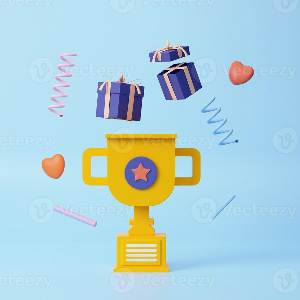 3D Trophy Cup with floating prize, heart, ribbon and geometric shape on blue background, celebration, winner, champion and award concept. 3d render illustration photo