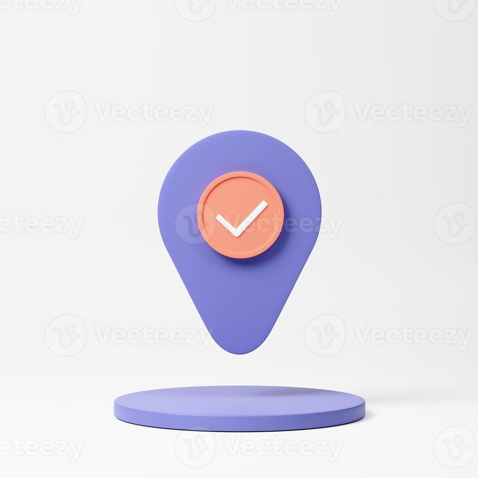 Checkmark icon. Approvement concept. Geolocation map mark, point location. 3d realistic rendering illustration. photo