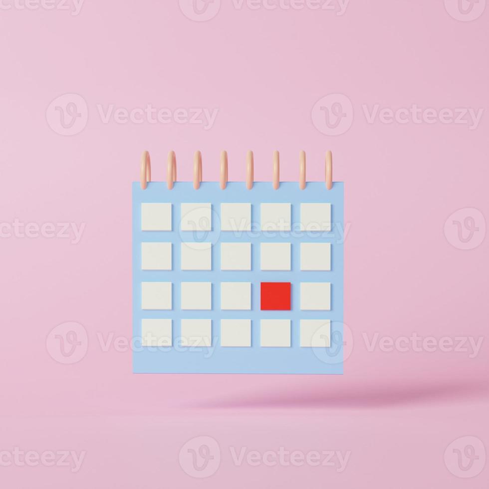 Calendar with marked date 3d rendering illustration. Pink floating organizer with rings, yellow bound and noted with star day for event or holiday planning concept isolated on white background. photo