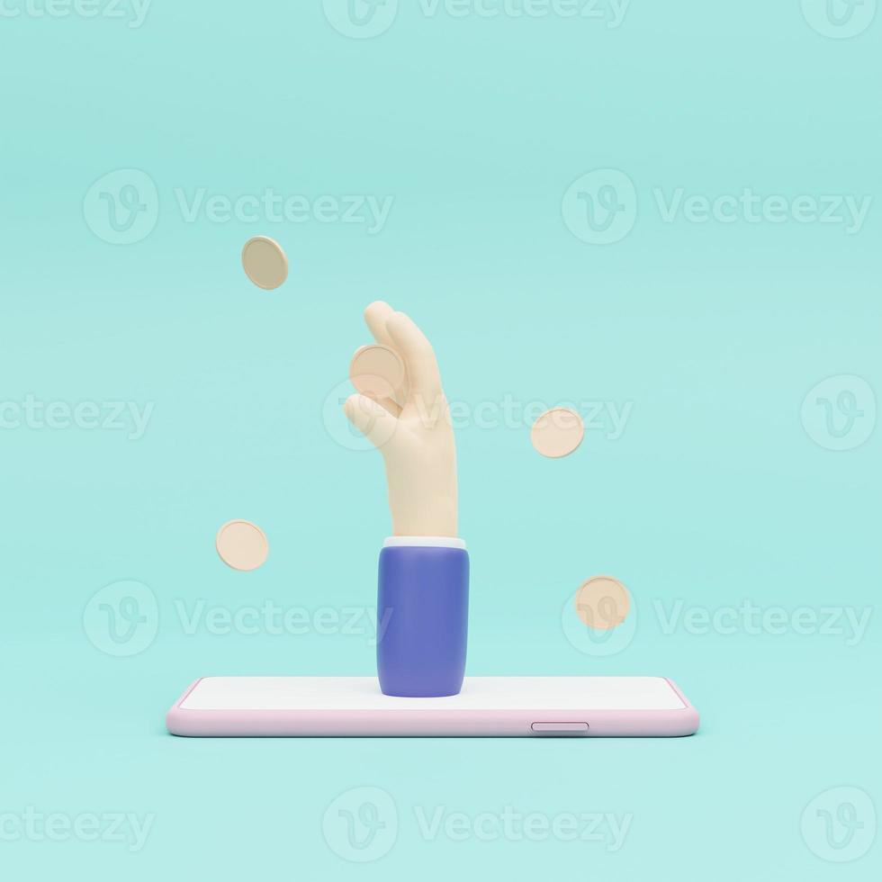 3D Closeup cartoon handhold coin on a smartphone, money-saving, online payment, and money investment concept. 3d render illustration photo