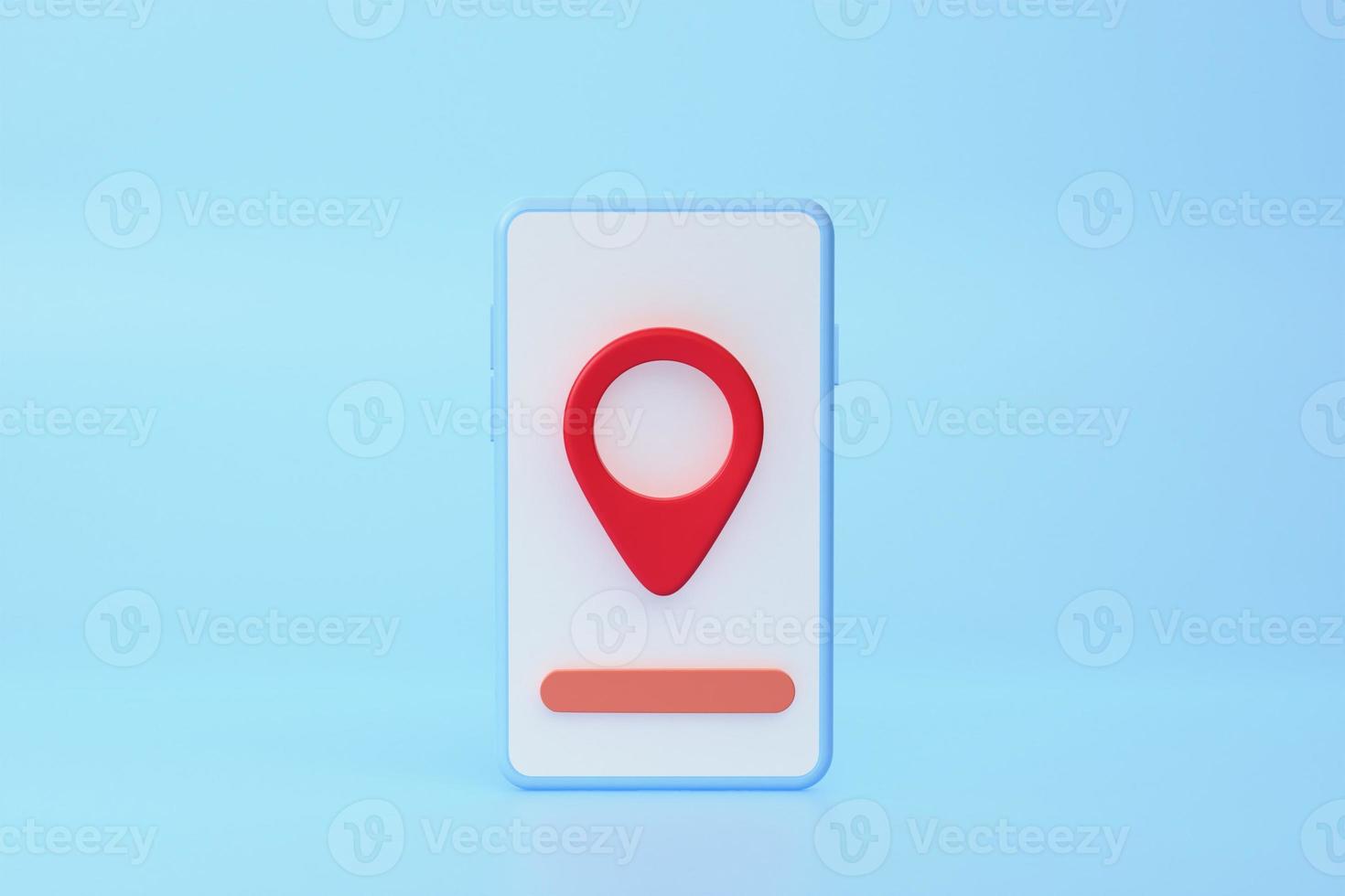 Pin pointer gps with Smartphone white screen on blue background. location concept. Minimal cartoon. 3d render illustration photo