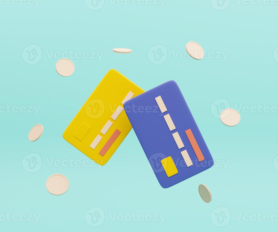 Credit cards, coins floating around on a purple background. save money, cashless society concept. 3d render illustration photo