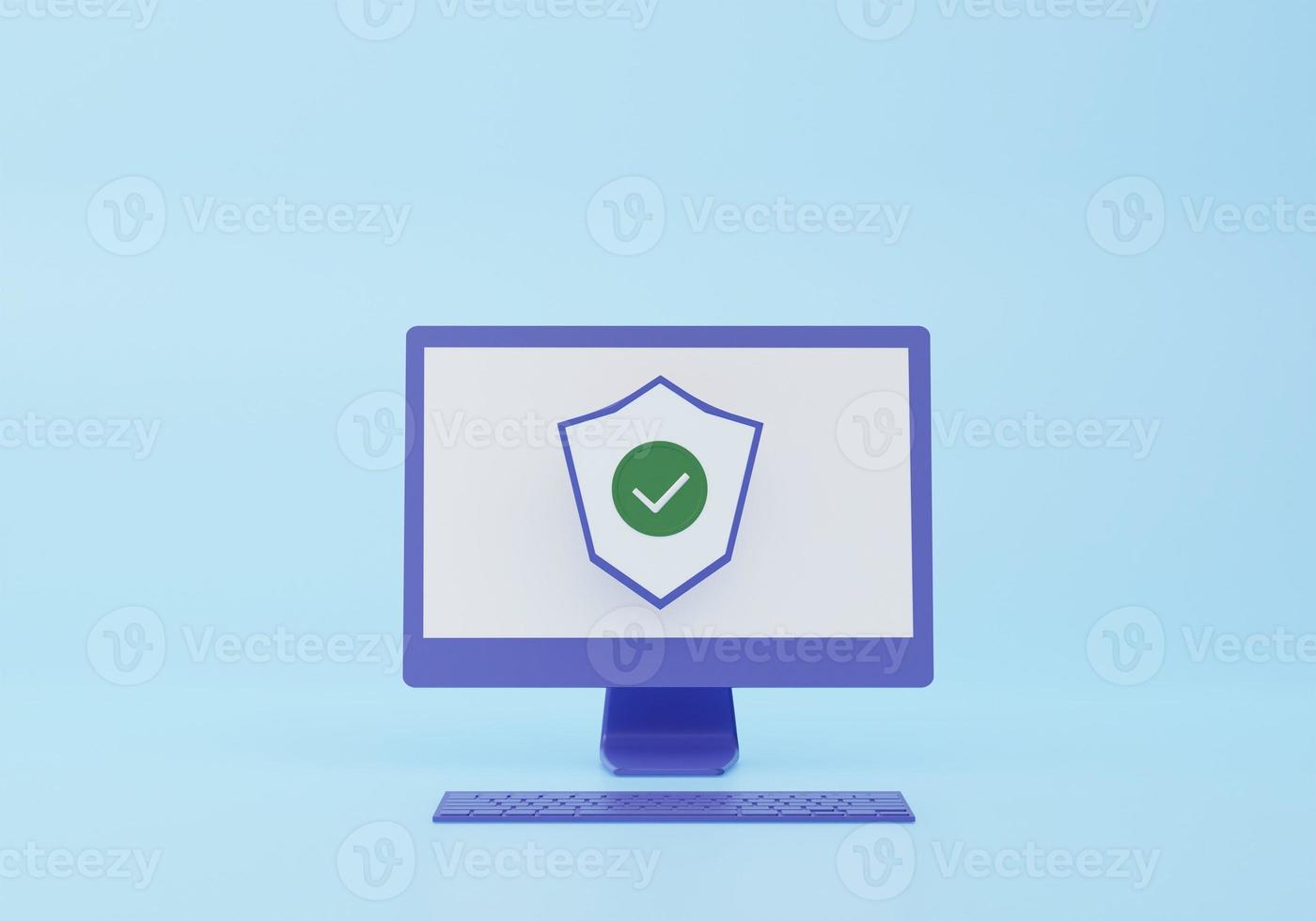 Laptop computer with security shield symbol. Data protection, internet security concept. 3d rendering icon. Cartoon minimal style. photo