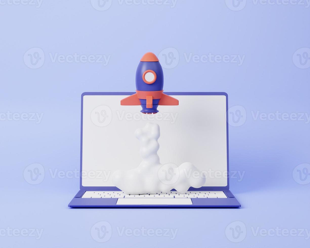 Rocket launch on laptop, flying rocket icon, business startup project concept. 3d rendering illustrations photo