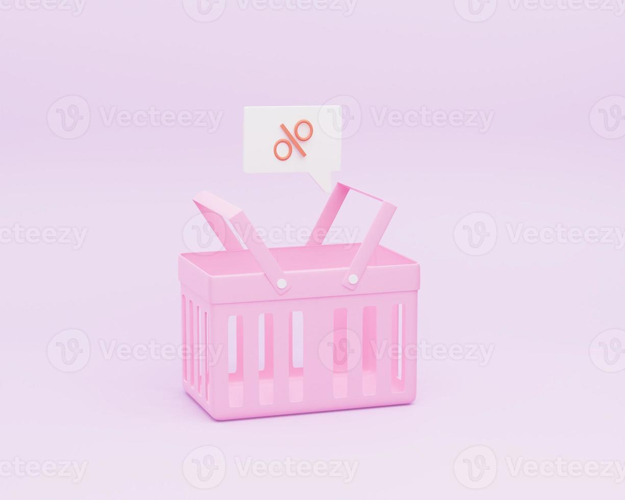 Shopping cart with percent pin on pink background. Conceptual idea for social networks. Sale banners. 3d rendering photo