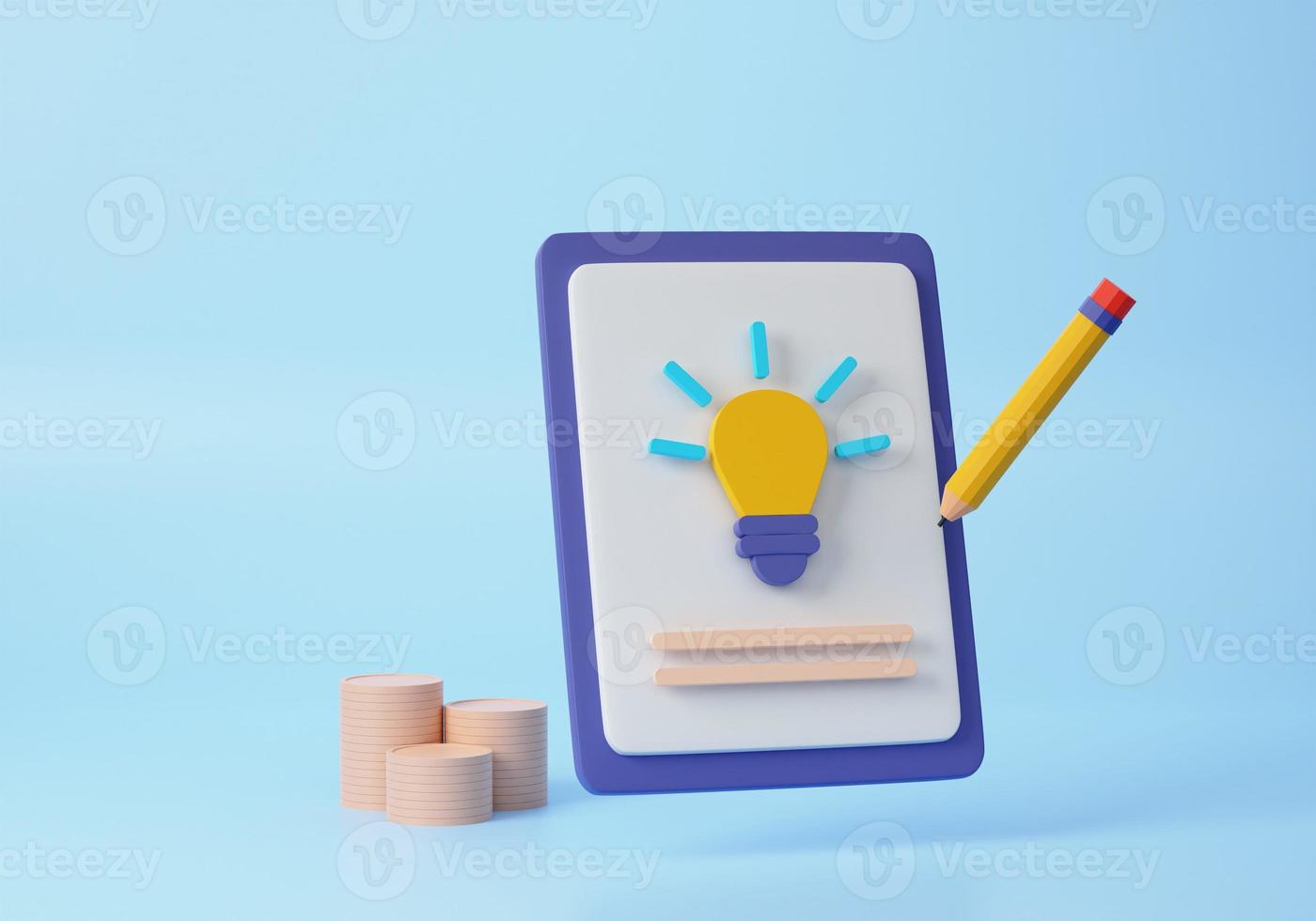 Flexible Paper with checkbox, pencil and golden coins on purple background. business metaphor, revealing the concept of To-do list and task completion. 3d render photo