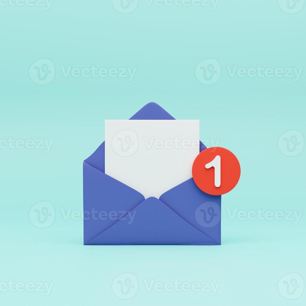 Opened mail envelope with paper inside isolated on pastel blue background. 3d rendering of new e-mail message notice icon. Concept of subscription to newsletter. 3d rendering illustrations. photo