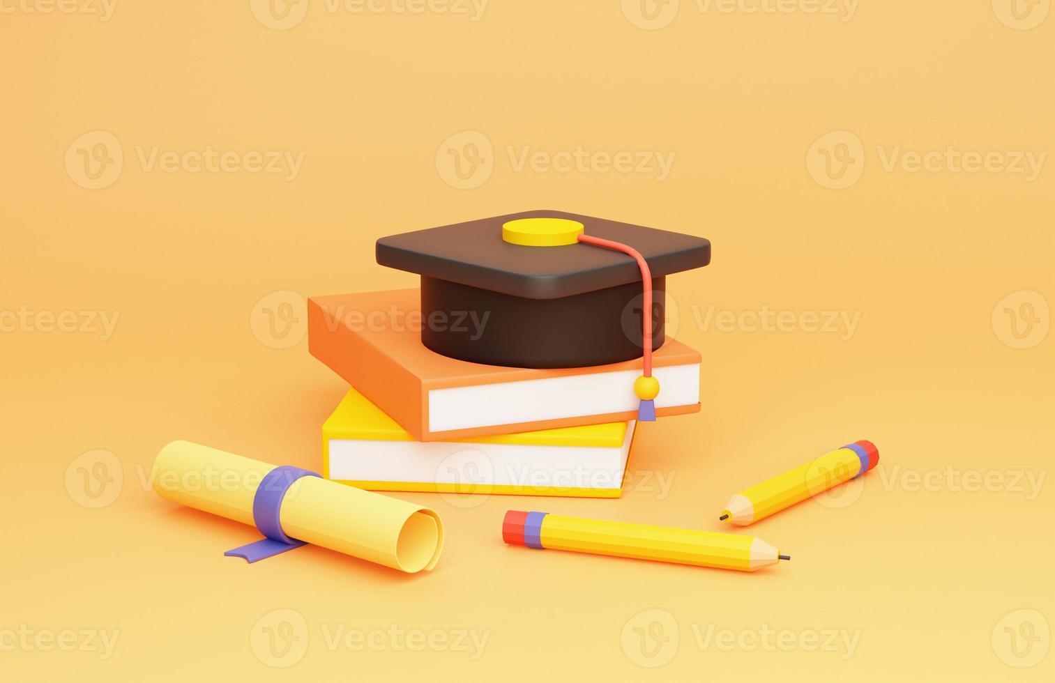 graduation cap on a pile of books, 2 pencils and graduation certificate orange background 3d illustration photo