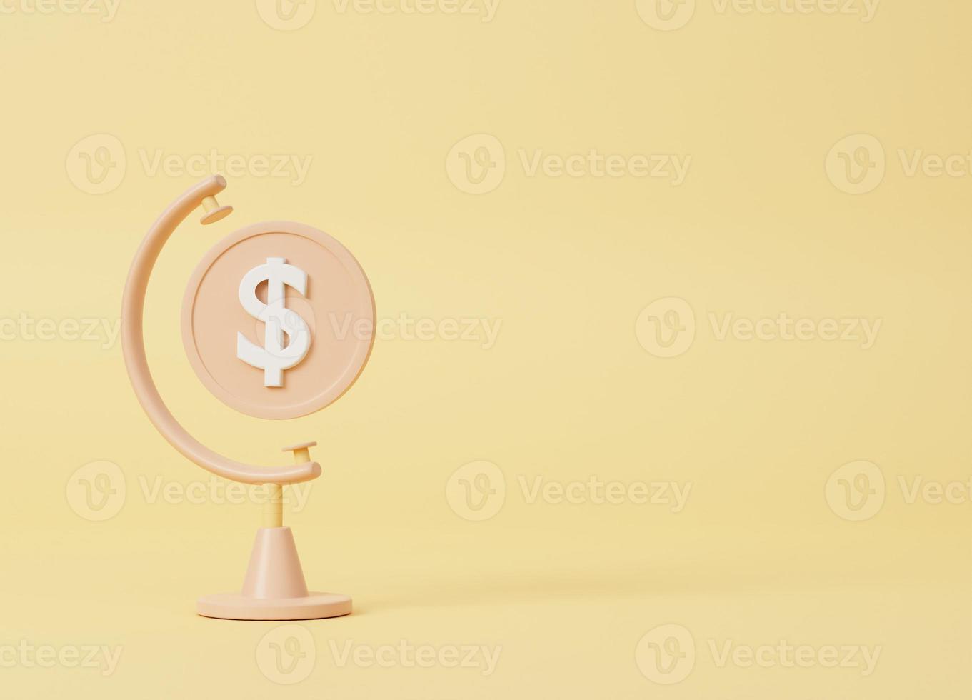 Dollar coin icon in the form of a globe on pastel isolated background. 3d render photo