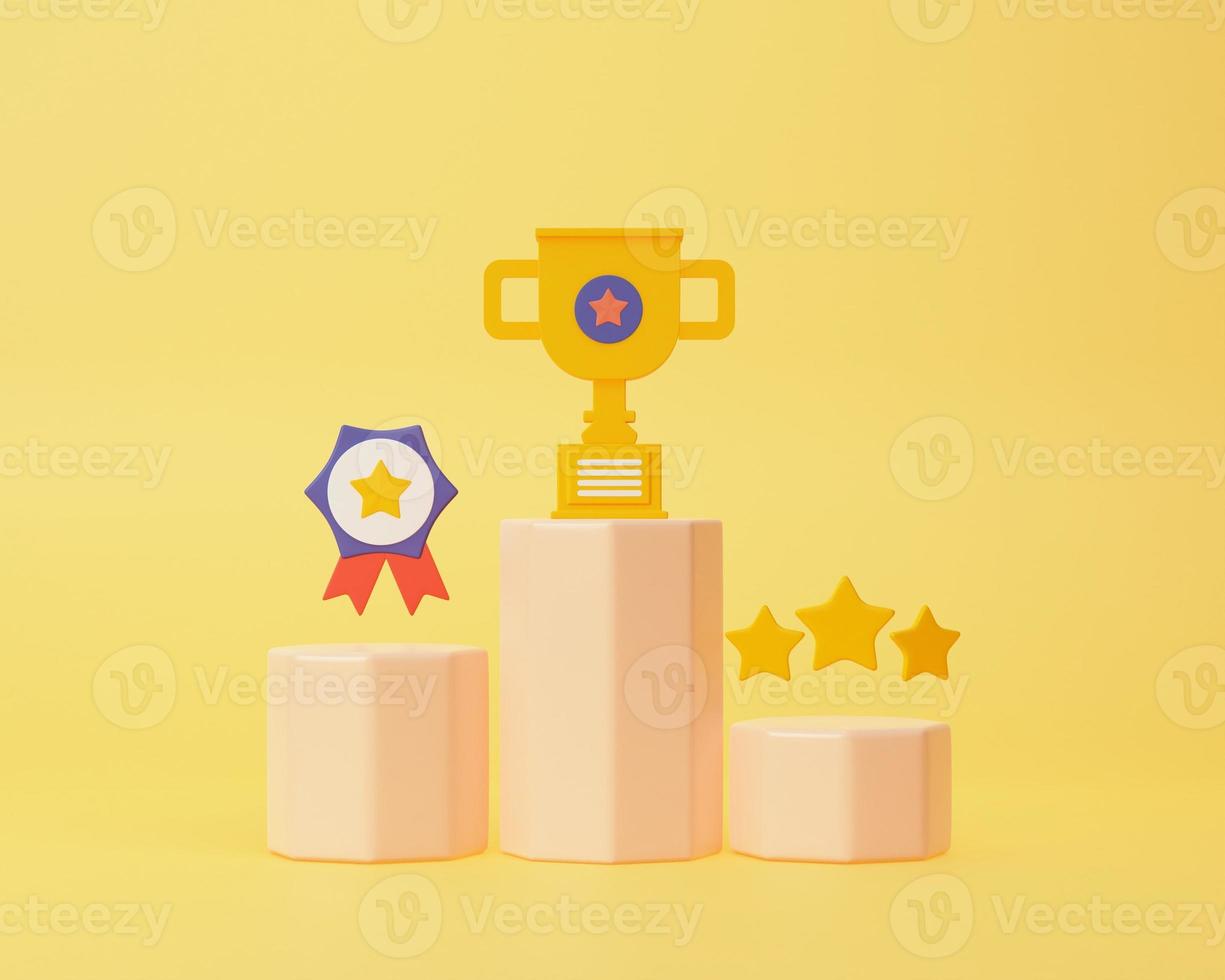 The winner of the podium with the cup, the winner of the gold and the gold star. The first and second and third places won prizes on the cartoon style of the ceremonial pedestal. 3d illustration photo