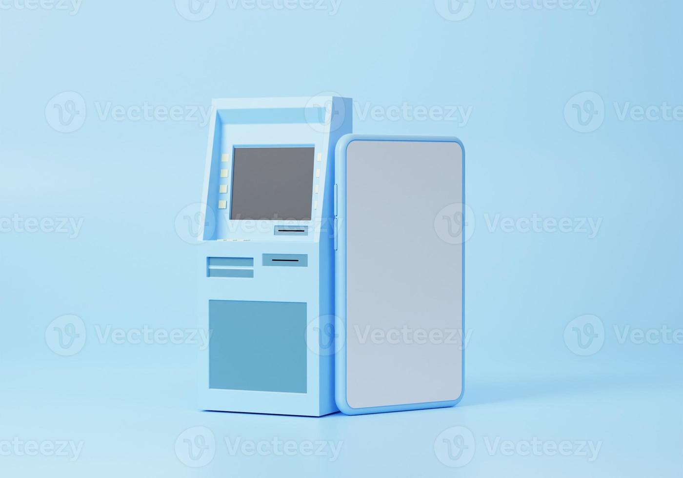 3D atm machine and smartphone. Exchange transfer transaction concept. on blue background. application Internet banking, cartoon minimal, banner, 3d render illustration photo