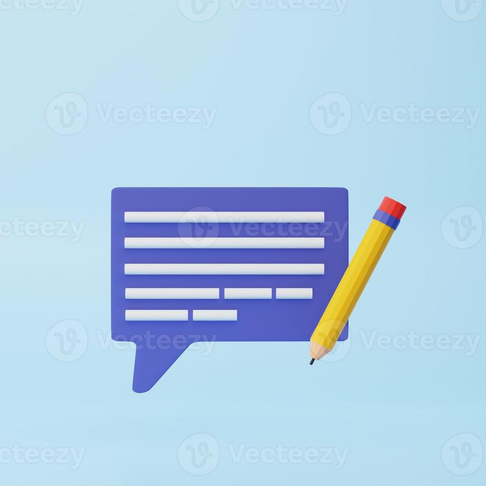 Copywriting, writing icon. Document concept. Speech bubble, text and pencil. 3d rendering illustration. photo