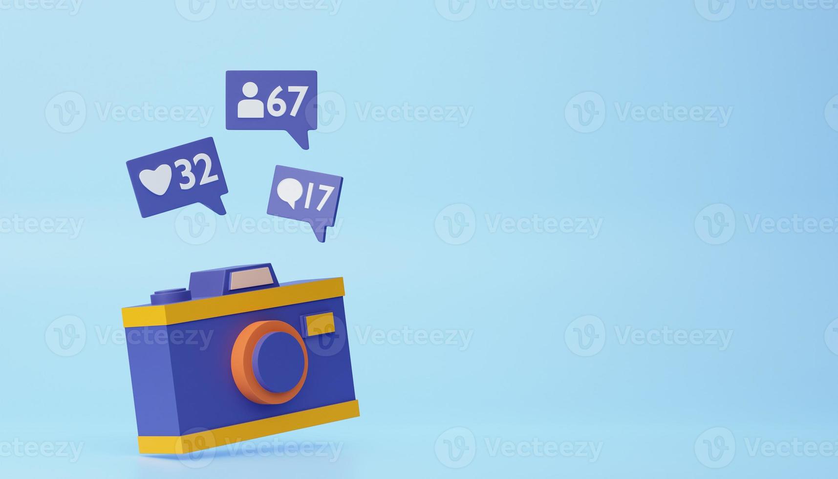 Social media concept camera with 3d rendering notifications photo