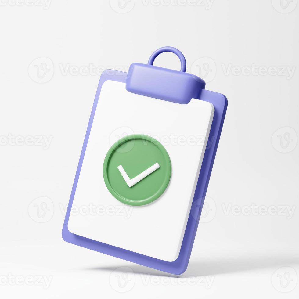 Check mark icon. Approvement concept. Document, file, clipboard, checklist. 3d realistic rendering illustration. photo