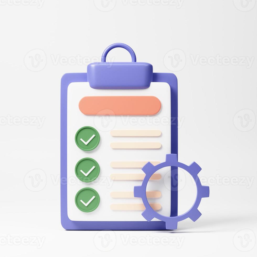 Clipboard and gear icon. Project management, software development concept. Checklist with cog. 3d rendering illustration. photo