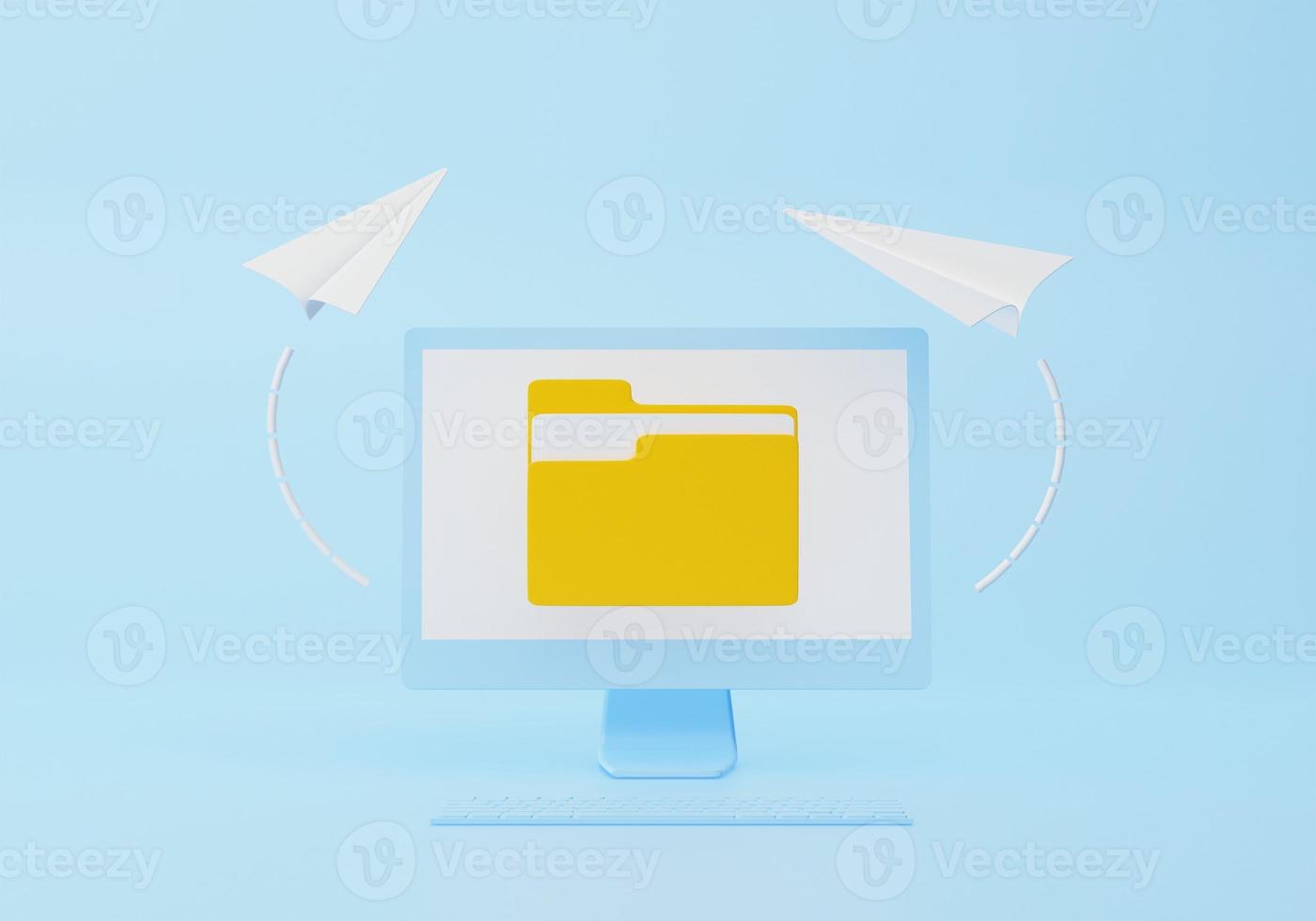 File transfer concept. Yellow folder with document on computer monitor. 3d rendering illustration. photo