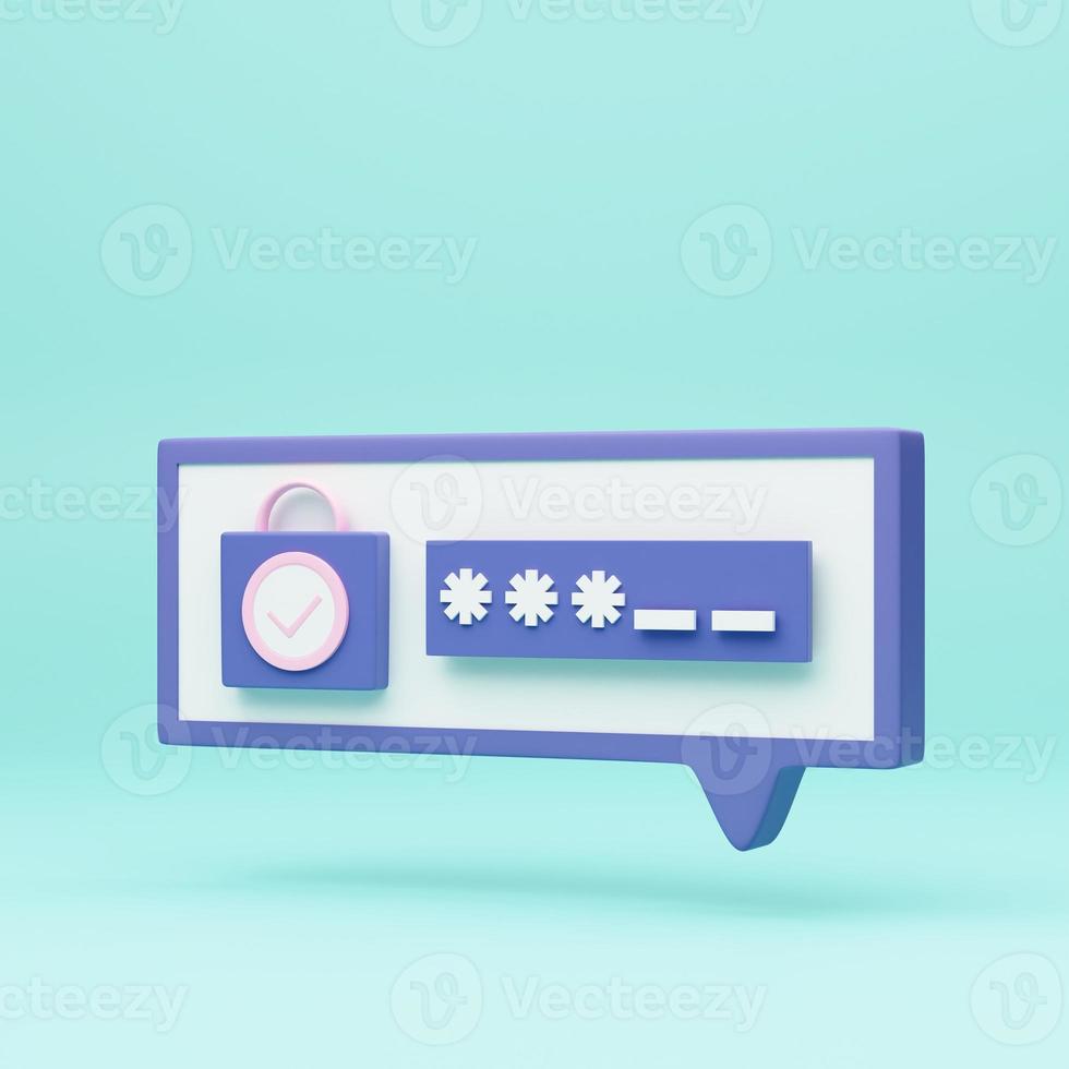 3d lock and password field. Password protected secure login concept. minimal creative concept in blue and white colors on skyblue background. 3d rendering photo