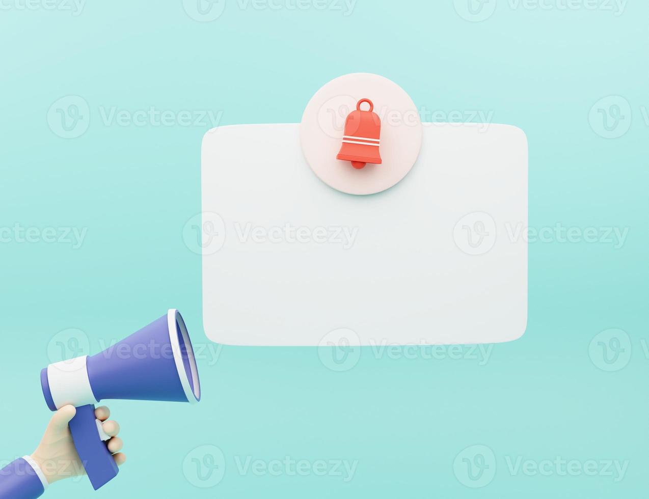 Cartoon hand holding megaphone with speech bubble on green background with copy space. 3d render illustration photo