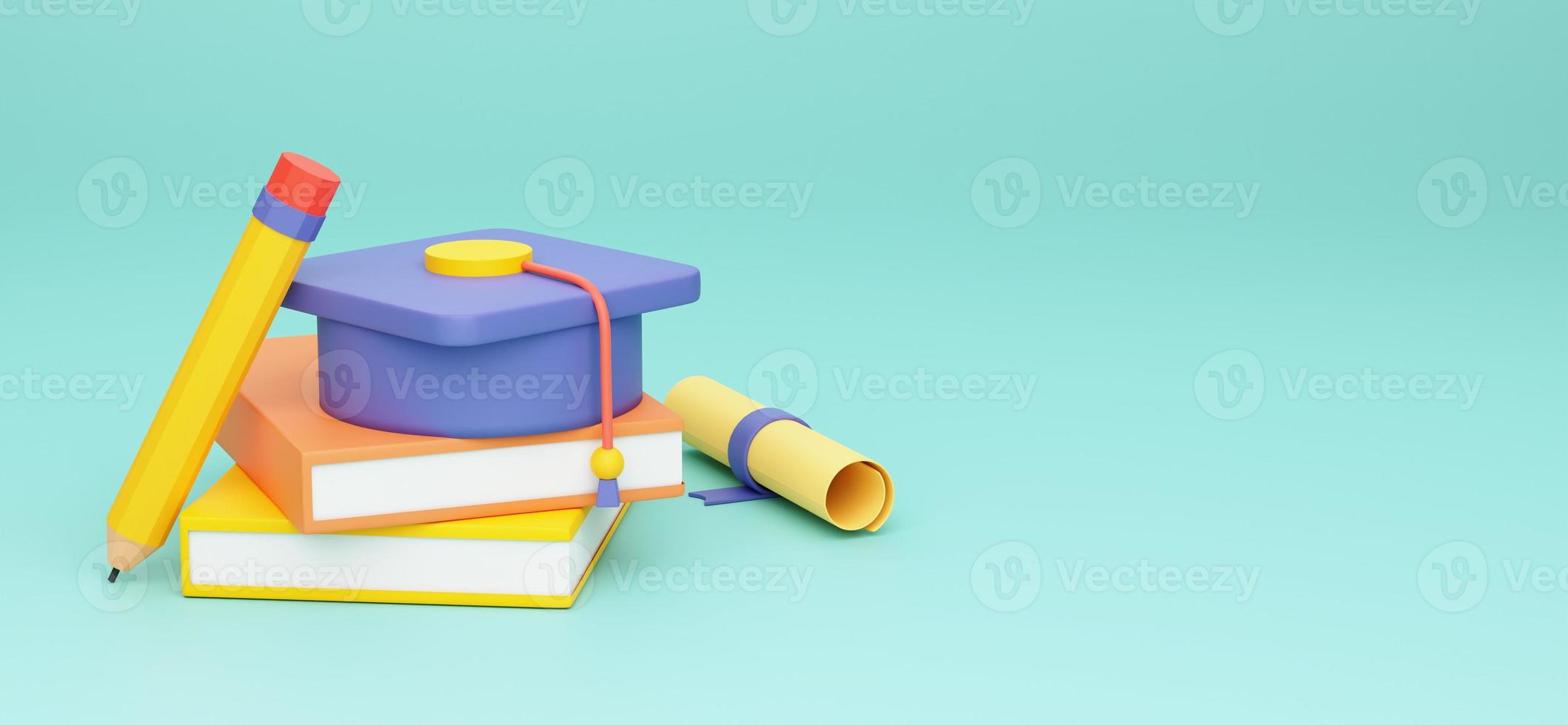 Schoolbook with school accessories and graduation cap backpack on blue background 3D rendering, 3D illustration photo