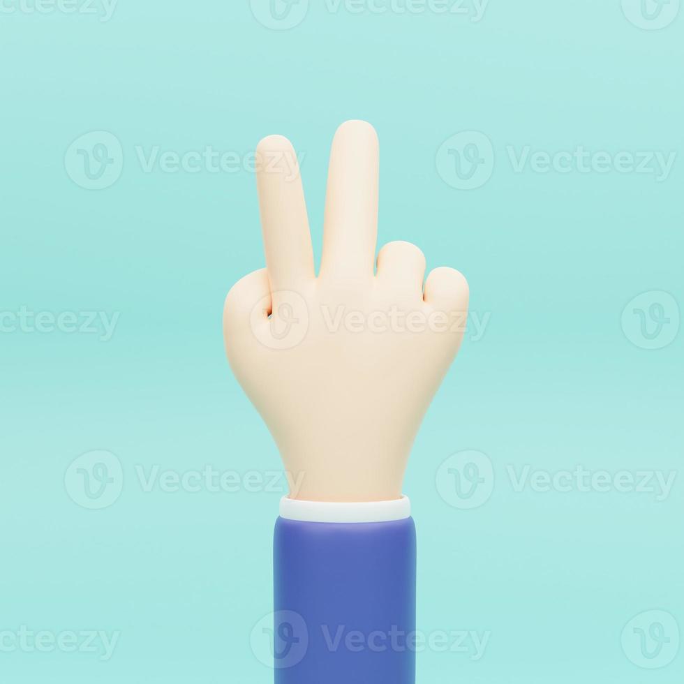 3d illustrations. Two fingers social icon. Cartoon character hand victory gesture. Business success clip art isolated on blue background. photo