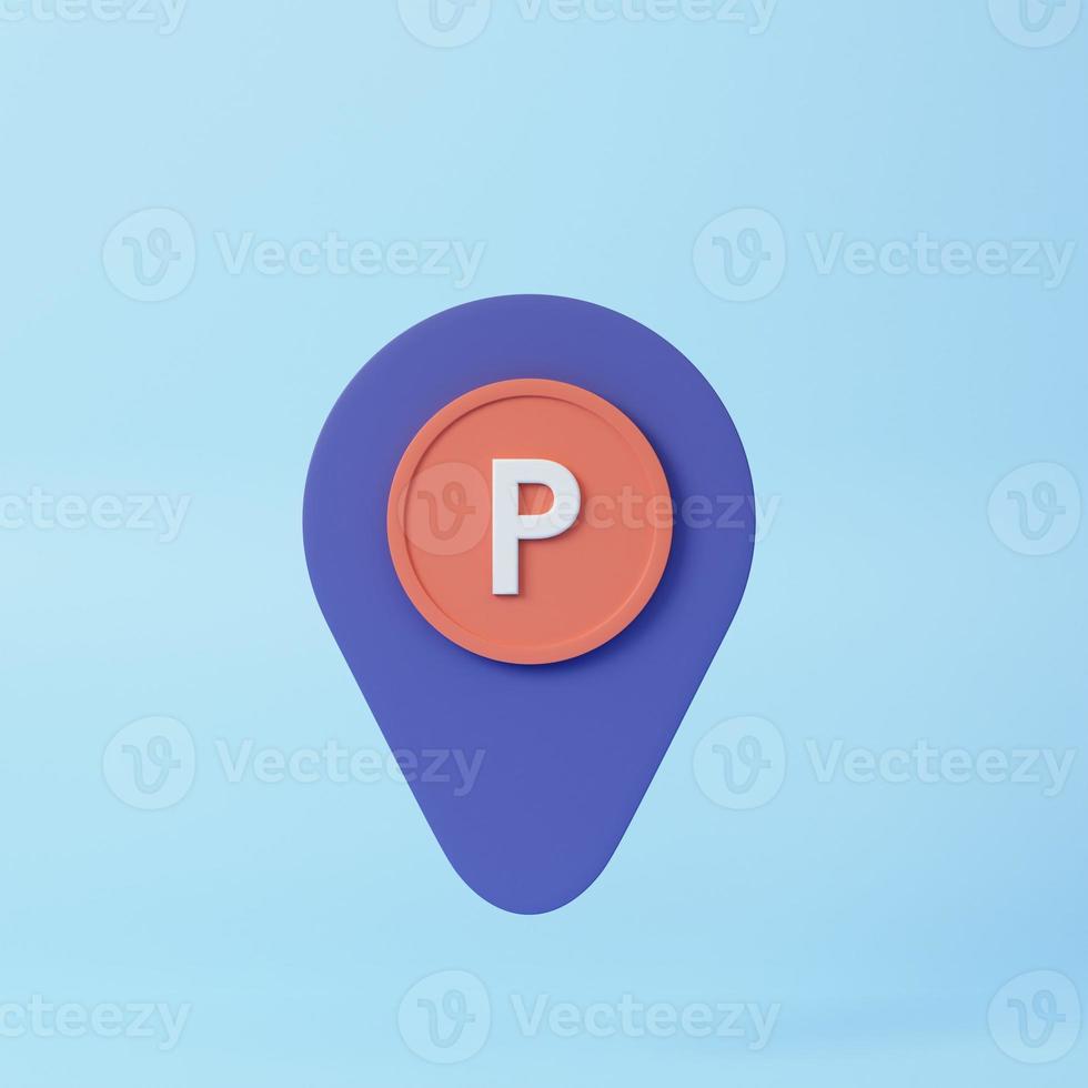 Location mark, destination pointer with letter P, parking sign. 3d rendering icon. Cartoon minimal style. photo