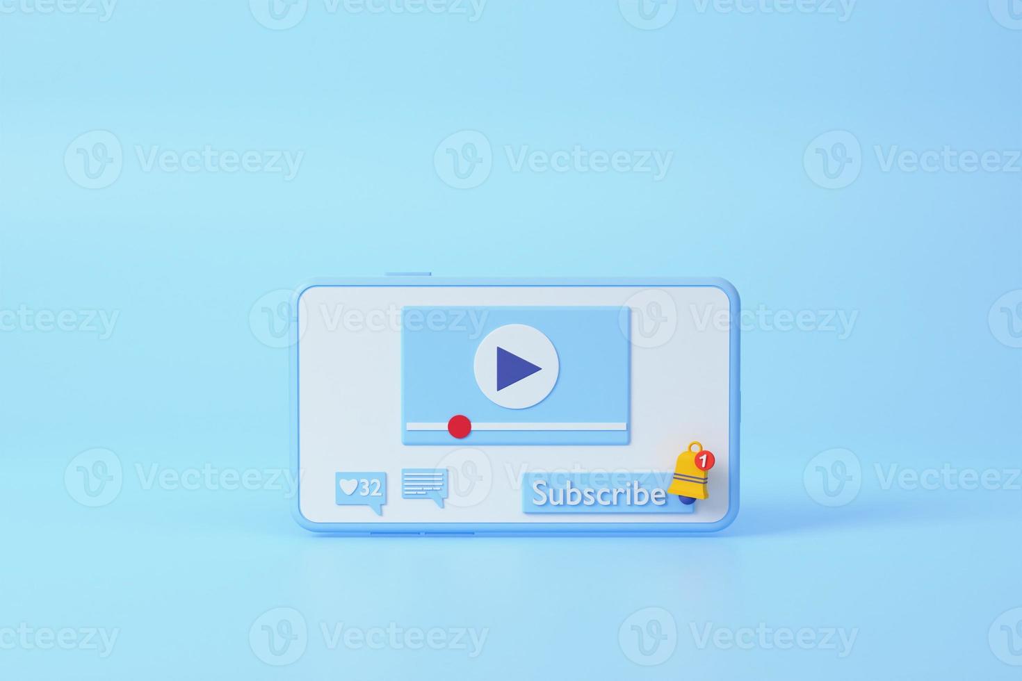 Mobile modern playing video floating on blue background, wireless media connection Online multimedia concept. subscribe ,banner ,copy space, 3d render illustration photo