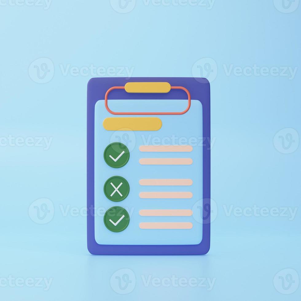 Clipboard with checklist, todo check list. Business, education, task management and productivity concept. 3d rendering icon. Cartoon minimal style. photo