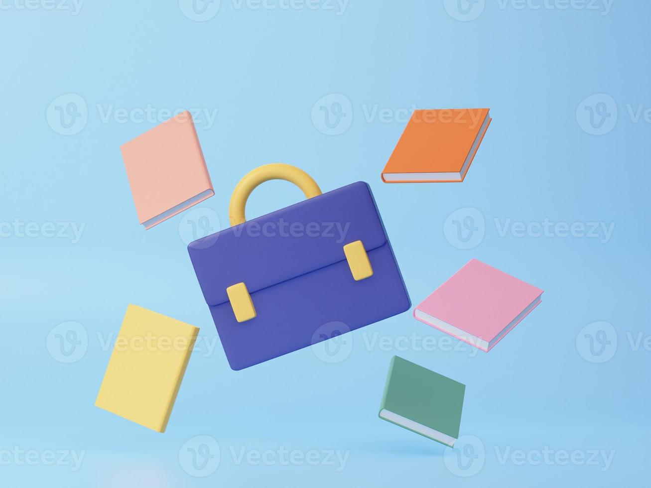 bolsa para la escuela icono y libro flotante en azul antecedentes mínimo dibujos animados linda liso. educación formación aprendizaje concepto. 3d representación ilustraciones foto