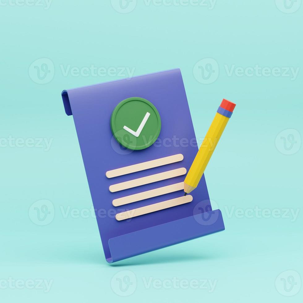 3D clipboard and pencil on blue background, notepad icon. 3d rendering illustrations. photo