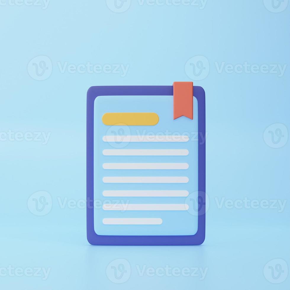 3d cartoon style minimum e-book reader, e-reader, electronic, digital book icon. Online education, online school, digital reading, e-learning concept. 3d rendering photo