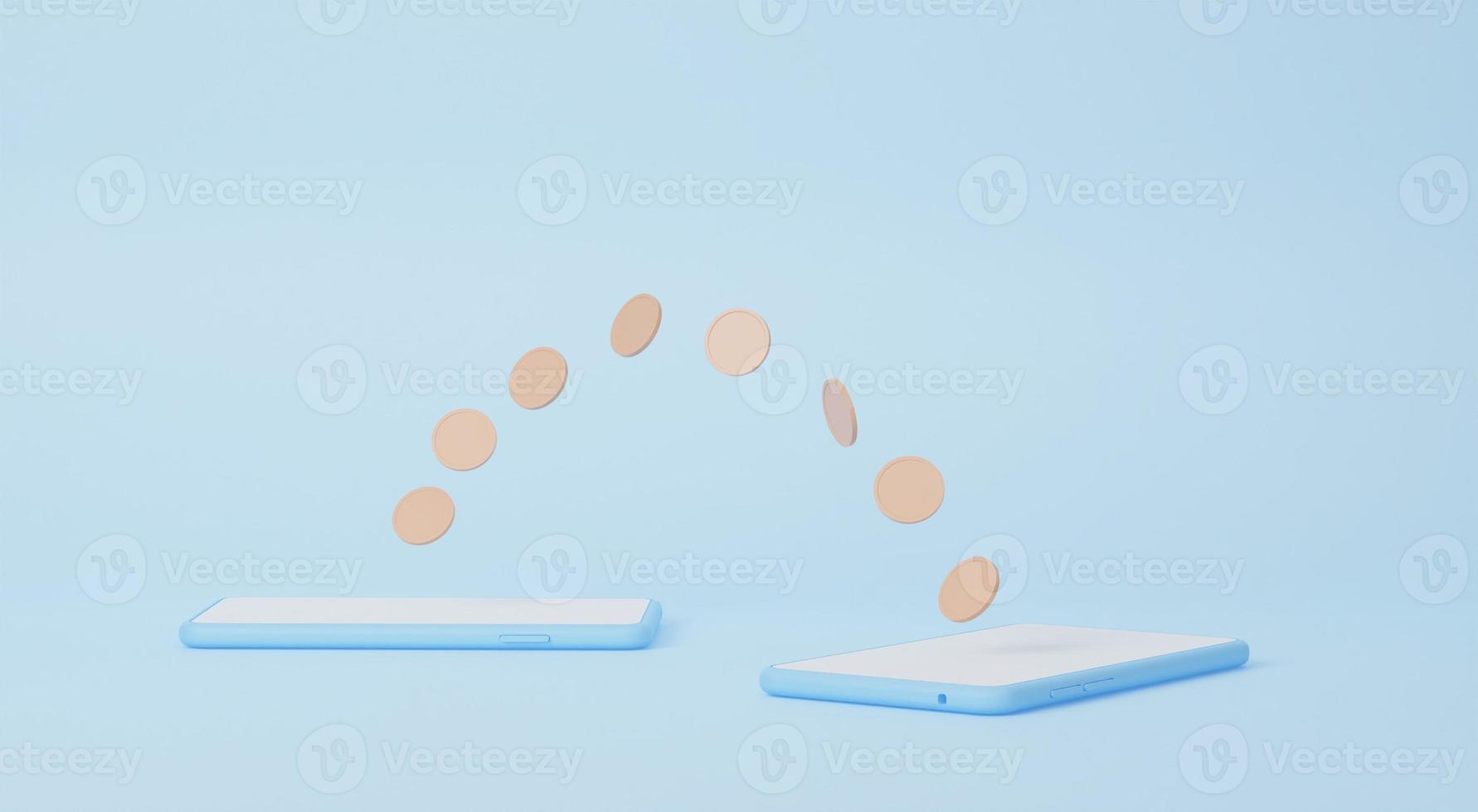 Money transfer on smartphones. Coins moving from one mobile phone to another. Sending and receiving money wirelessly, 3d render. Mobile wallets photo