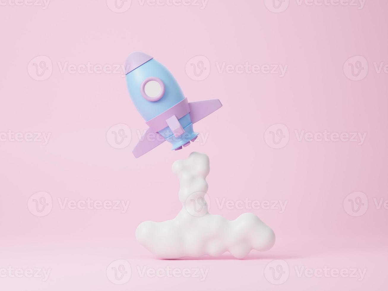 Cartoon rocket launch on pink background. Business startup concept. 3D rendering photo