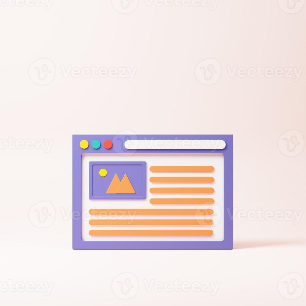 Web page interface design, web user, windows frame search. Web design and web development concept. 3d rendering icon. Cartoon minimal style. photo