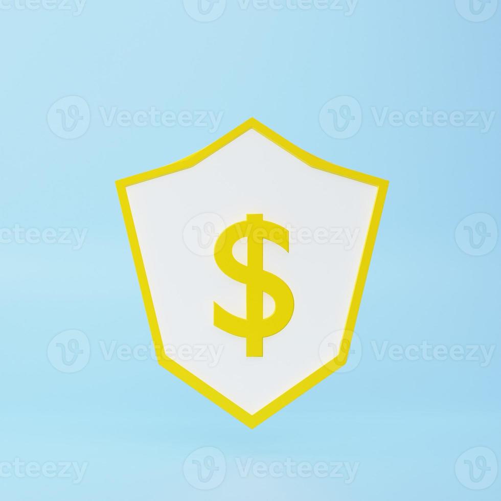 Gold shield with dollar sign. Money safety , insurance, business and finance concept. 3d rendering icon. Cartoon minimal style. photo