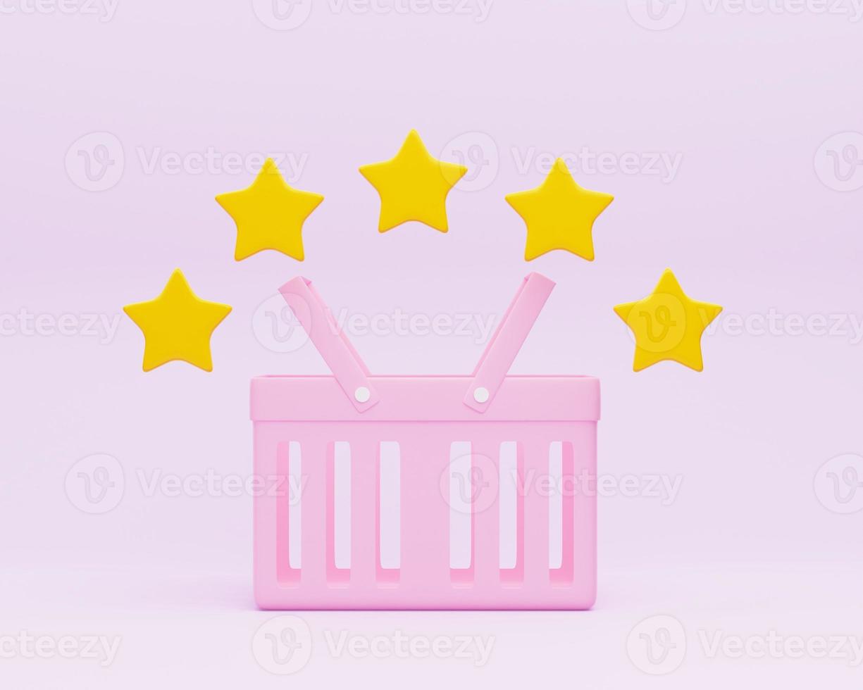 3D Shopping basket with five star rating for products. Good seller review. Customer rating feedback concept. Best grocery store and supermarket. Cartoon icon isolated on pinkbackground. 3D Rendering photo