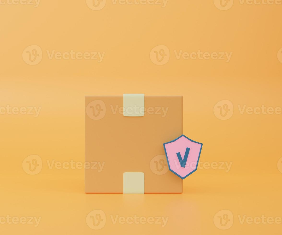 Cardboard box, delivery package, shipping box with shield. Transportation, safe delivery, delivery security and insurance, shipping concept. 3d rendering icon. Cartoon minimal style. photo