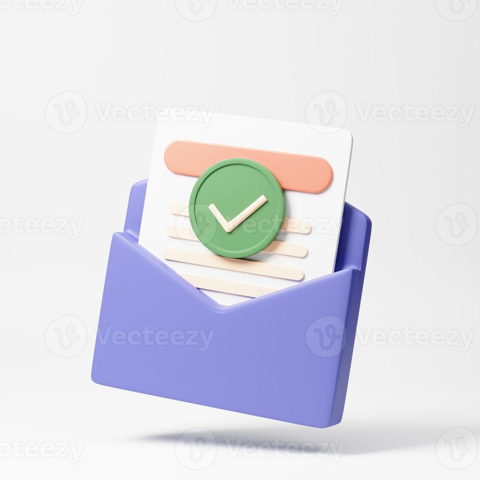 Check the sign icon. The concept of consent. Postal documents and envelopes. Realistic 3d rendering illustration. photo