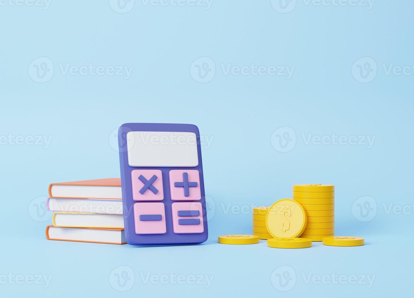 3D illustration finance education concept. book basic math operation symbols calculator math, plus, minus, multiplication, number divide cartoon minimal on blue background photo