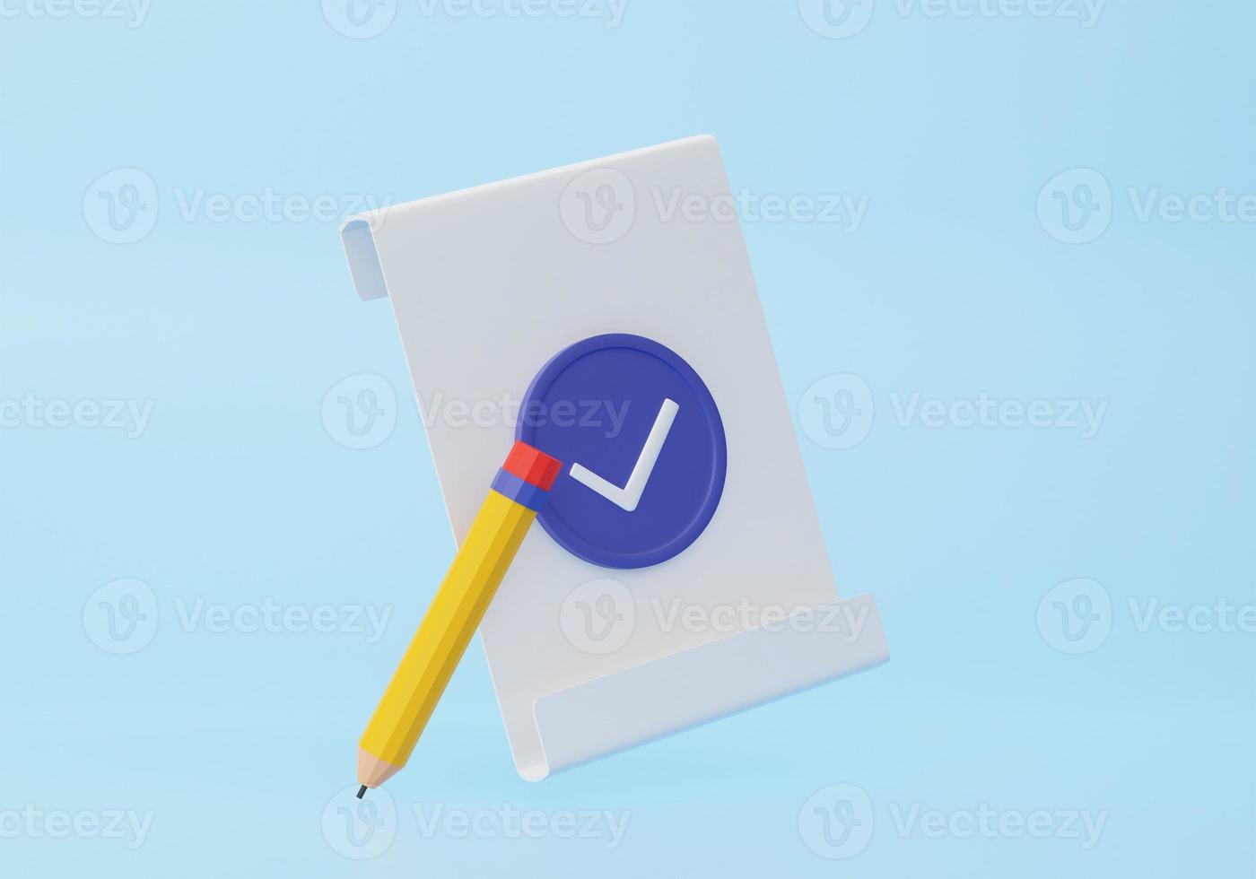 Approval icon, document accredited, authorized agreement, accreditation symbol with checkmark. 3d rendering illustration. photo