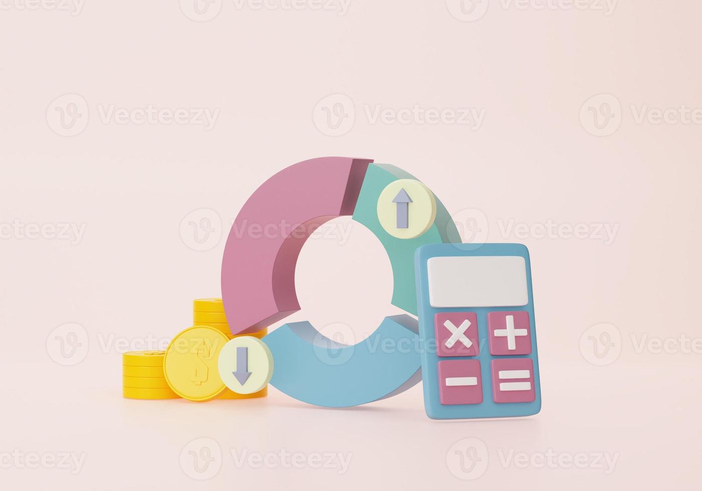 Calculator and stack coins, Financial graph economics analytics. Cost reduction saving education concept. on pastel background. 3d render illustration photo