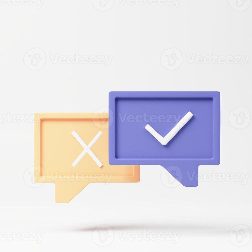 Survey reaction icon. Check and cross symbols. Speech bubble with decline,remove sign and approve, accepted, confirmed sign. 3d rendering illustration. photo