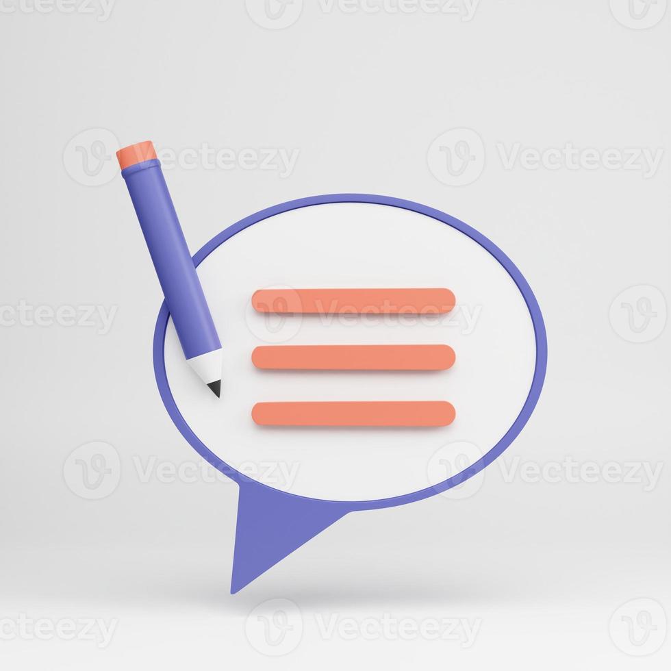 Copywriting, writing icon. Document concept. Speech bubble, text and pencil. 3d rendering illustration. photo