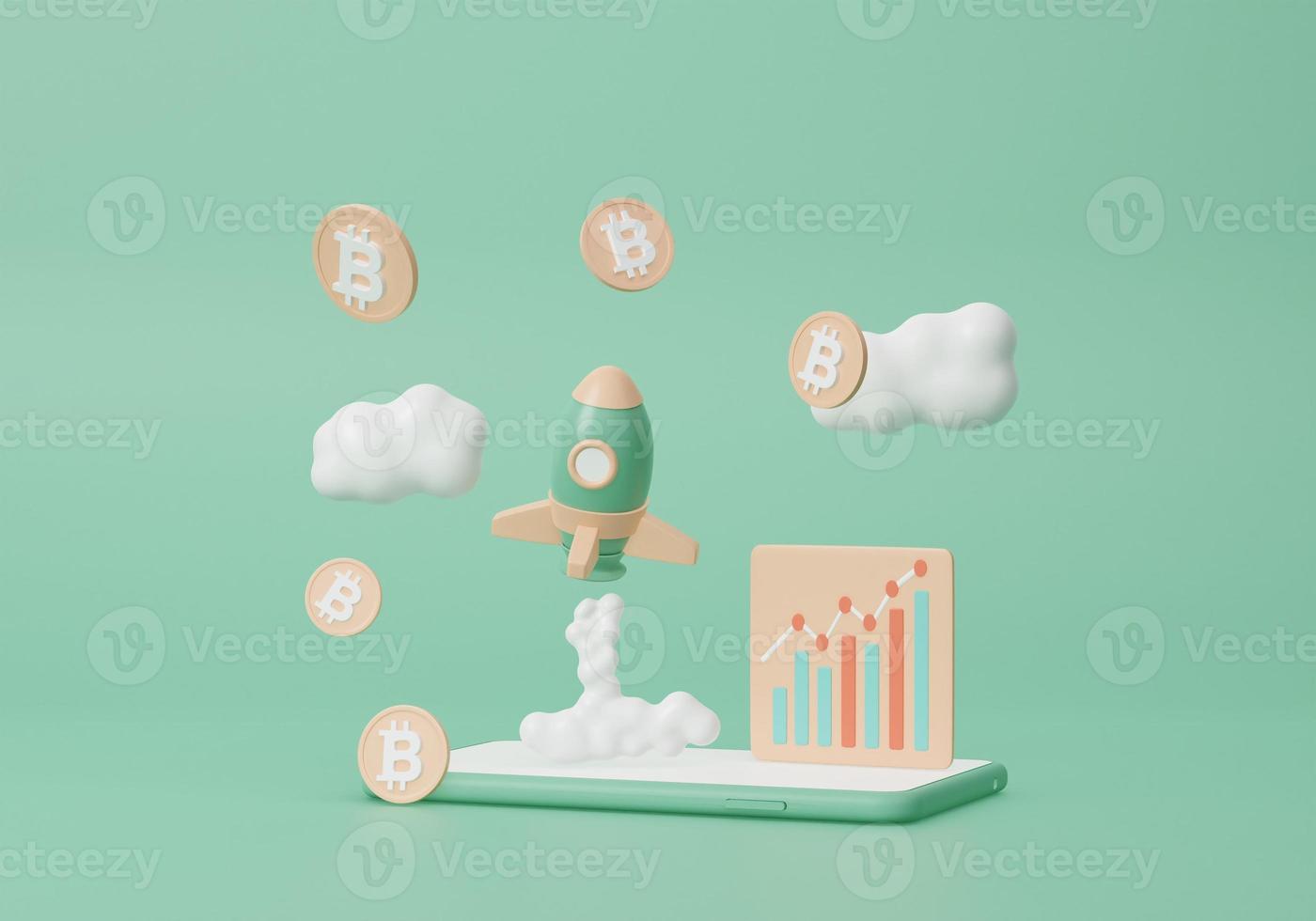 bitcoin a el Luna concepto o comprar, vender, criptomoneda con móvil Finanzas negocio inversión. crecimiento Estadísticas comercio, bandera, intercambio, dibujos animados mínimo. 3d hacer ilustración foto