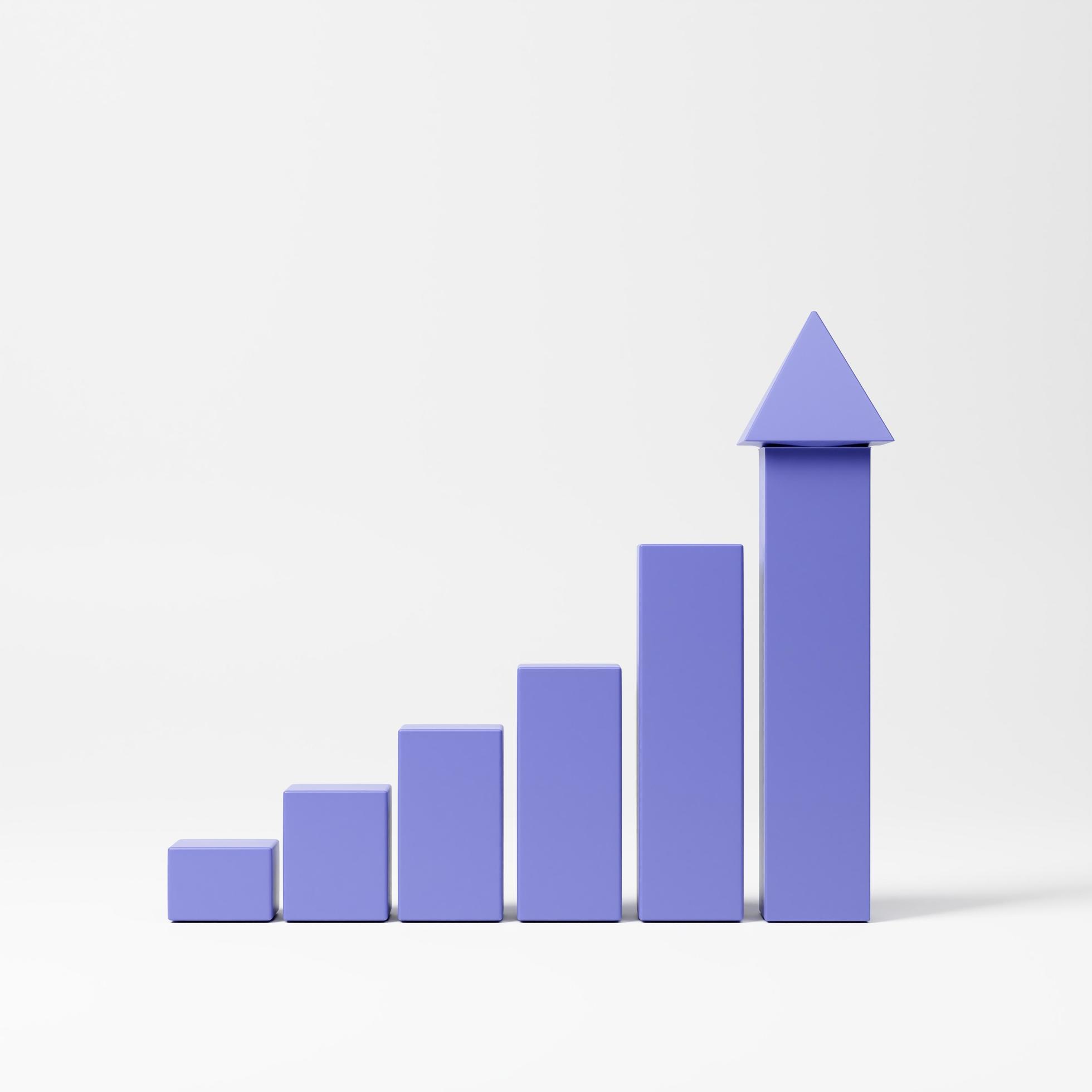 Grow bar graphics with up arrow, 3d rendering, progress road and