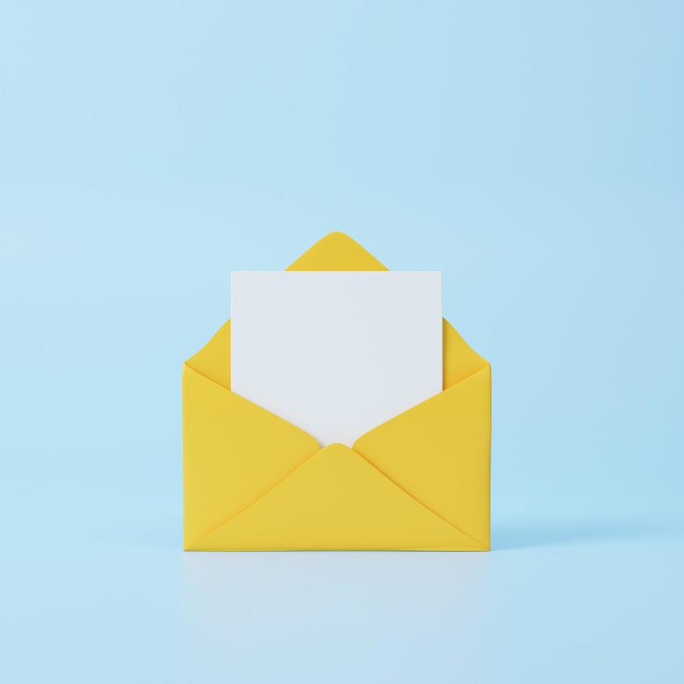 3D letter in envelope icon. Mail envelope with marker message. Cartoon illustration isolated on blue background. Minimal design. 3D Rendering photo