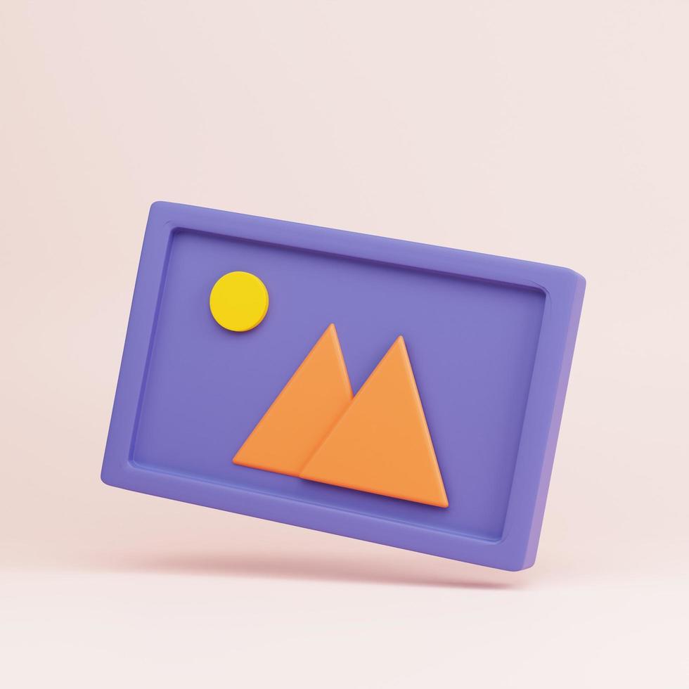 Image, photo, jpg file. Mountains and sun landscape. Picture in a frame. 3d rendering icon. Cartoon minimal style. photo