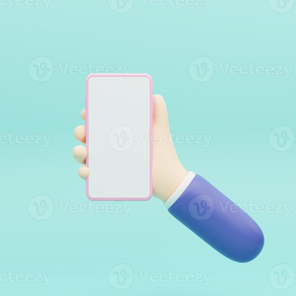 3D Cartoon hand holding smartphone isolated on purple background, Hand using mobile phone mockup. 3d render illustration photo