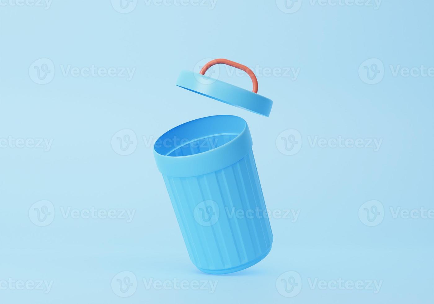3D render Cartoon minimal style open blue trash floating on blue pastel background, environment concept ,waste ,copy space, illustration photo