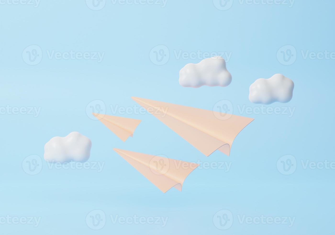 Three blue paper airplane with clouds Minimal cartoon cute smooth. creative vision leadership concept. 3d render illustration photo